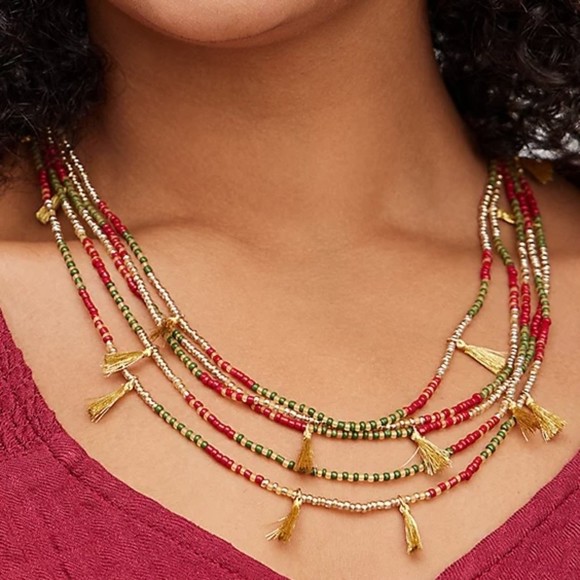 Torrid Multilayer Beaded Tassel Gold Red Green Necklace NWT - Picture 1 of 5